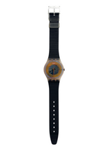 Load image into Gallery viewer, A vintage Swatch watch with a black plastic strap and a blue dial, model GK 110, from 1988.