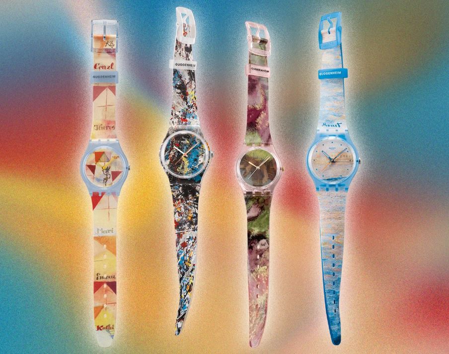 Official Swatch press image featuring the four watches from the Swatch x Guggenheim Collection inspired by masterpieces from Degas, Klee, Pollock and Monet.